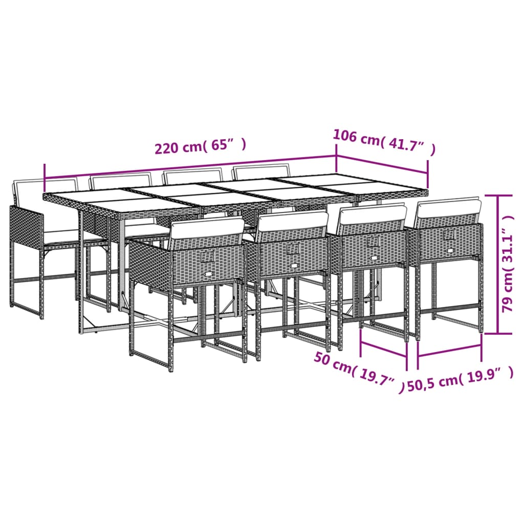 9 pcs conjunto de jantar p/ jardim com almofadões vime PE bege