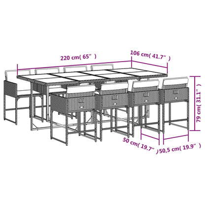 9 pcs conjunto de jantar p/ jardim com almofadões vime PE bege