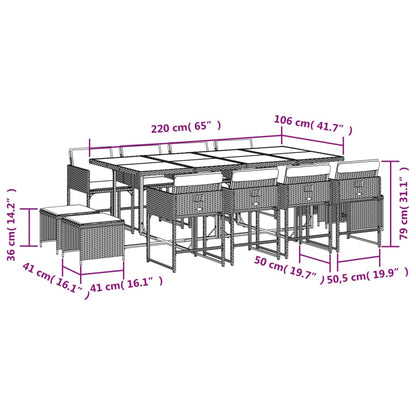 13 pcs conj. jantar jardim c/ almofadões vime PE cinzento-claro