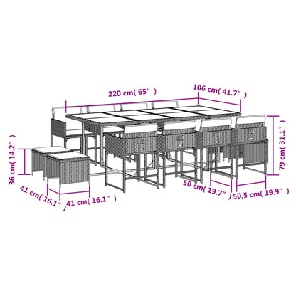 13 pcs conjunto jantar p/ jardim c/ almofadões vime PE cinzento