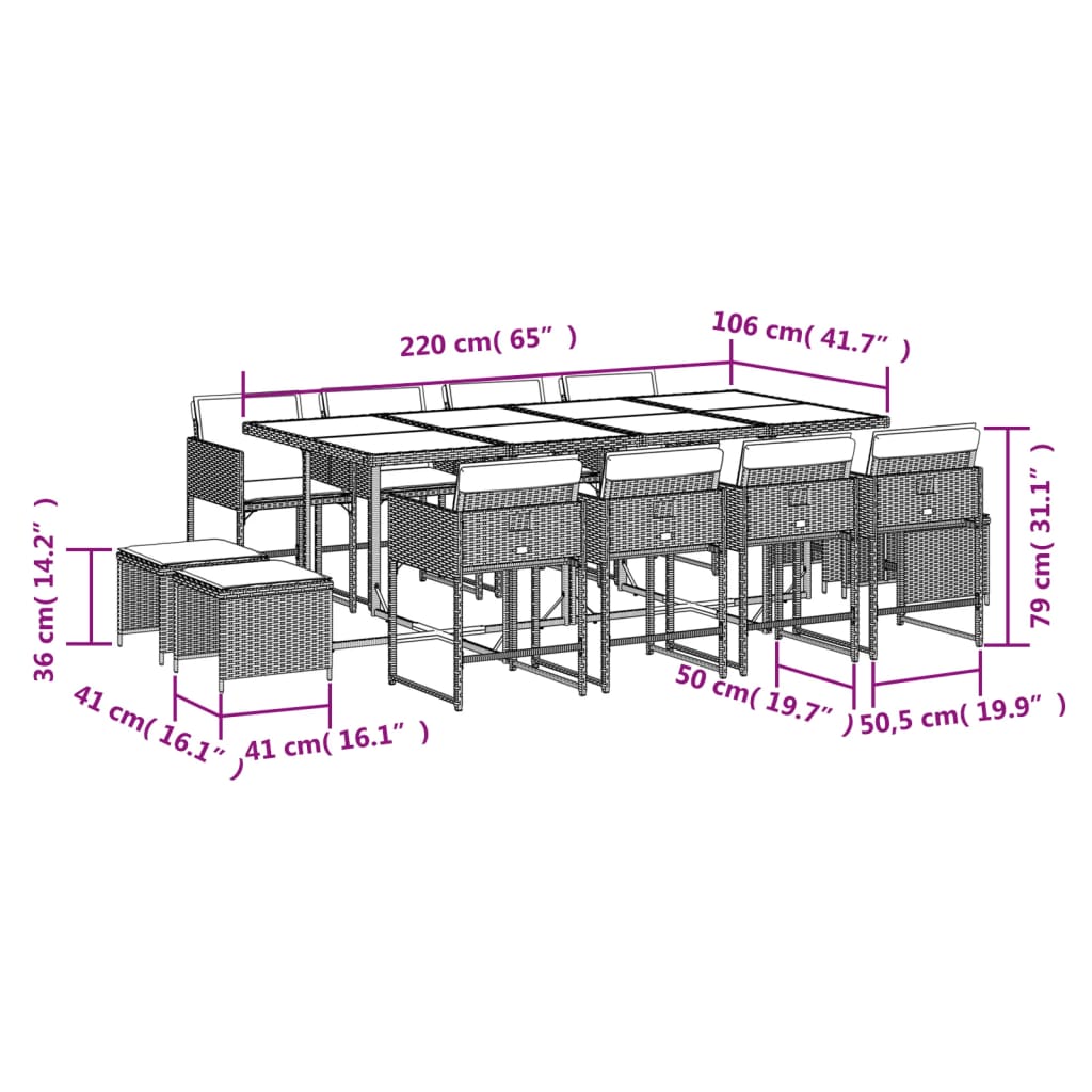 13 pcs conjunto de jantar p/ jardim com almofadões vime PE bege