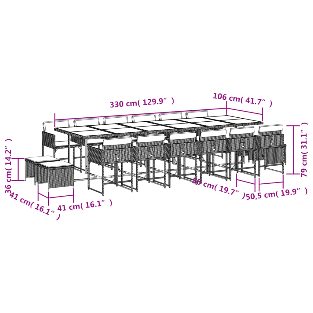 17 pcs conjunto de jantar p/ jardim c/ almofadões vime PE preto