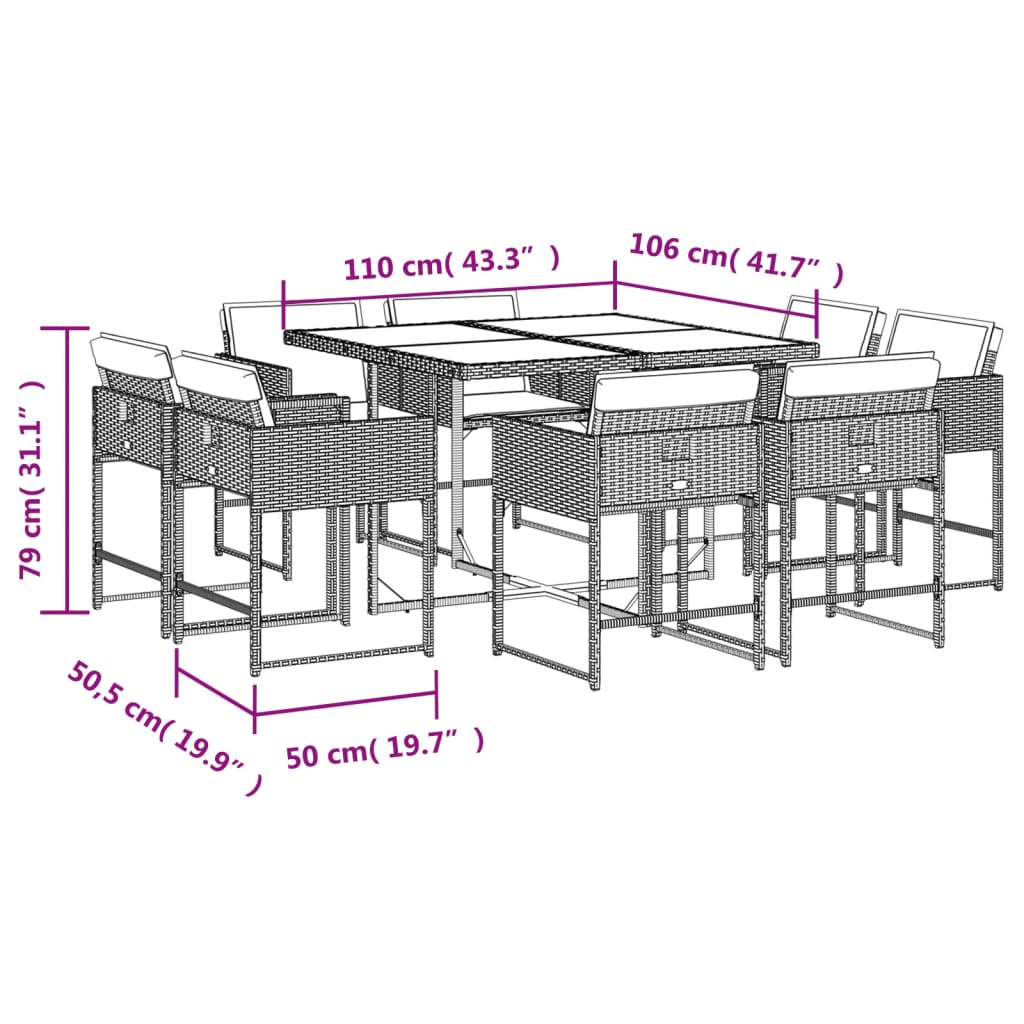 9 pcs conjunto jantar p/ jardim c/ almofadões vime PE castanho