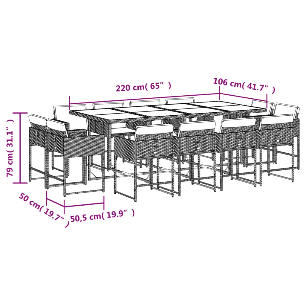 13 pcs conjunto de jantar p/ jardim com almofadões vime PE bege