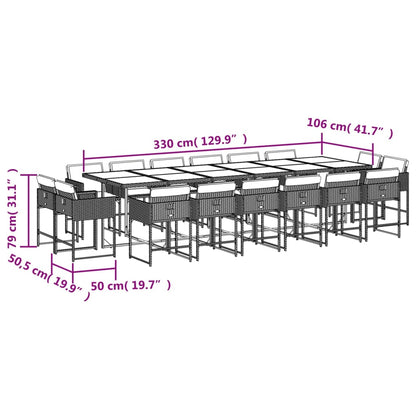 17 pcs conj. jantar jardim c/ almofadões vime PE cinzento-claro