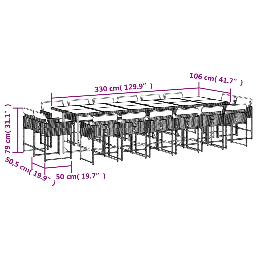 17 pcs conjunto de jantar p/ jardim c/ almofadões vime PE preto