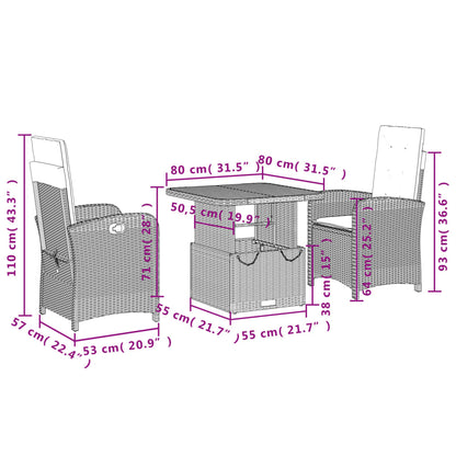 3 pcs conjunto de jantar p/ jardim c/ almofadões vime PE preto