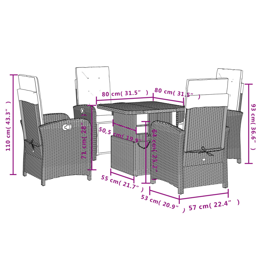 5 pcs conjunto de jantar p/ jardim c/ almofadões vime PE preto