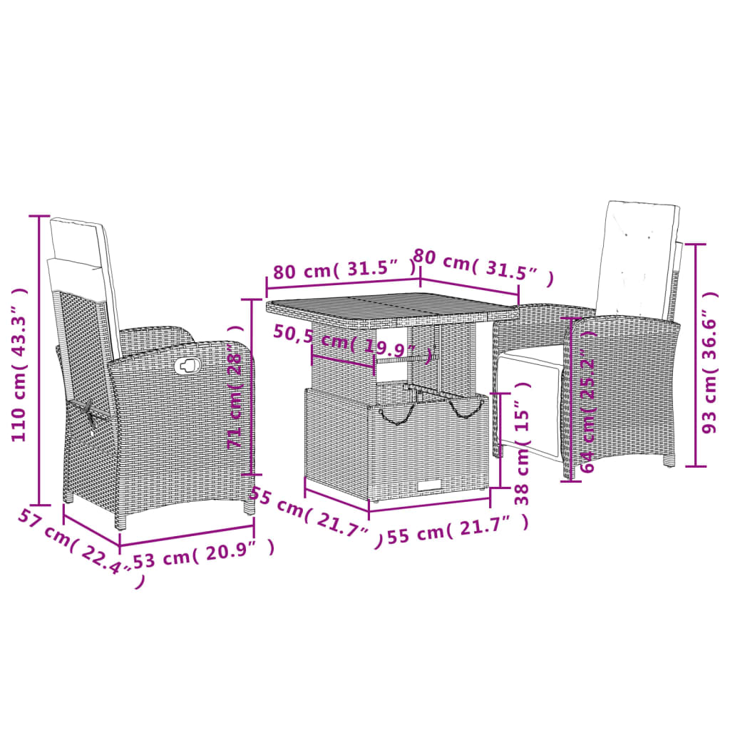 3 pcs conjunto de jantar p/ jardim c/ almofadões vime PE cinza