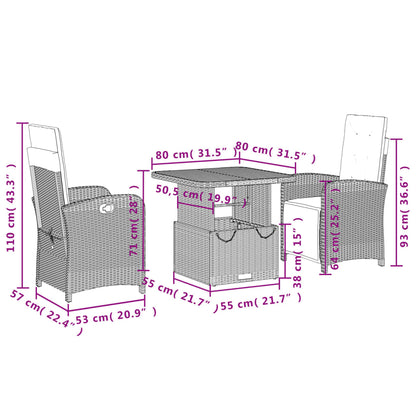 3 pcs conjunto de jantar p/ jardim c/ almofadões vime PE cinza