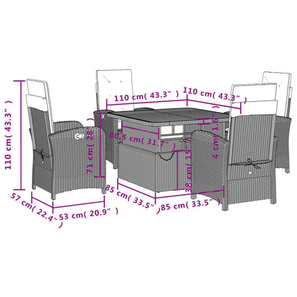 5 pcs conjunto de jantar p/ jardim c/ almofadões vime PE cinza