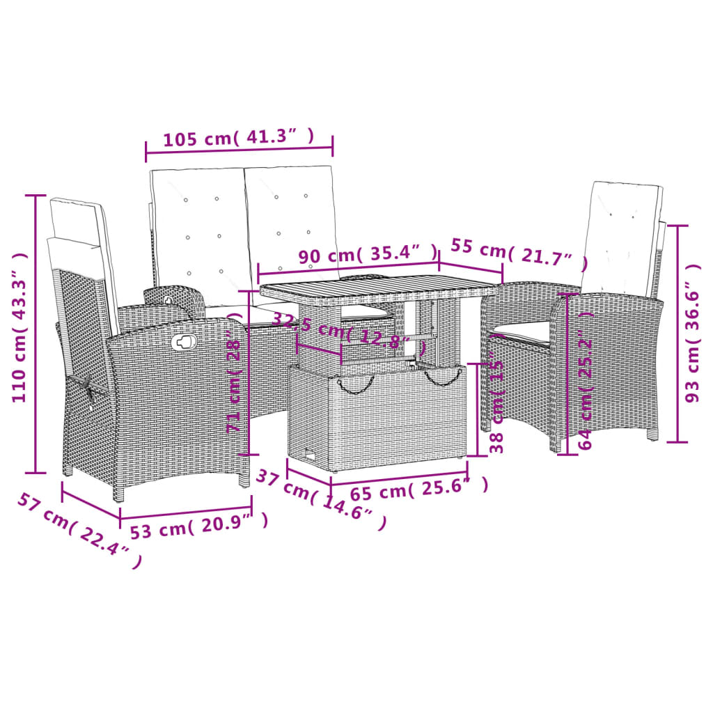 4 pcs conjunto de jantar p/ jardim c/ almofadões vime PE bege