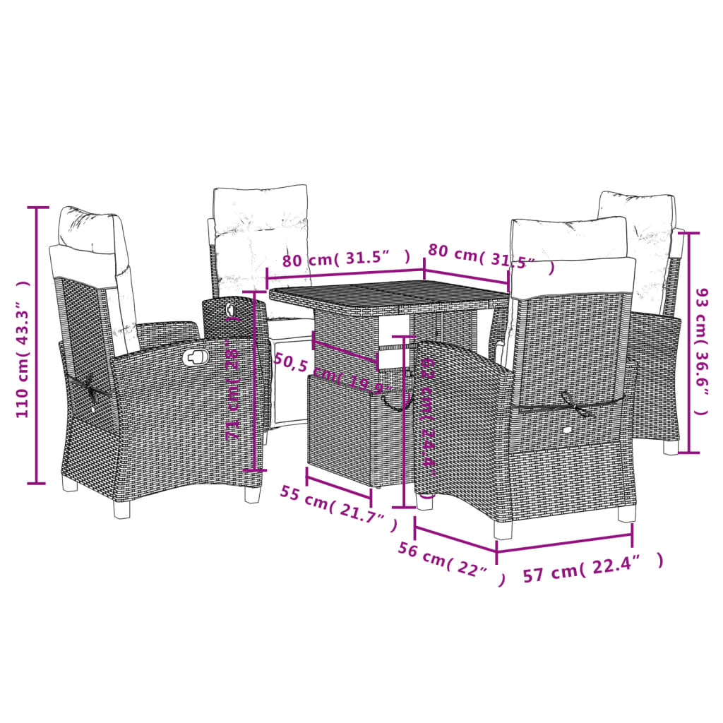 5 pcs conjunto de jantar p/ jardim c/ almofadões vime PE cinza