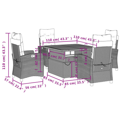 5 pcs conjunto de jantar p/ jardim c/ almofadões vime PE cinza