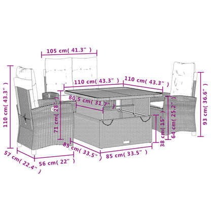 4 pcs conjunto de jantar p/ jardim c/ almofadões vime PE cinza