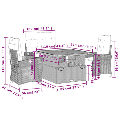 4 pcs conjunto de jantar p/ jardim c/ almofadões vime PE cinza