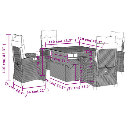 5 pcs conjunto de jantar p/ jardim com almofadões vime PE bege