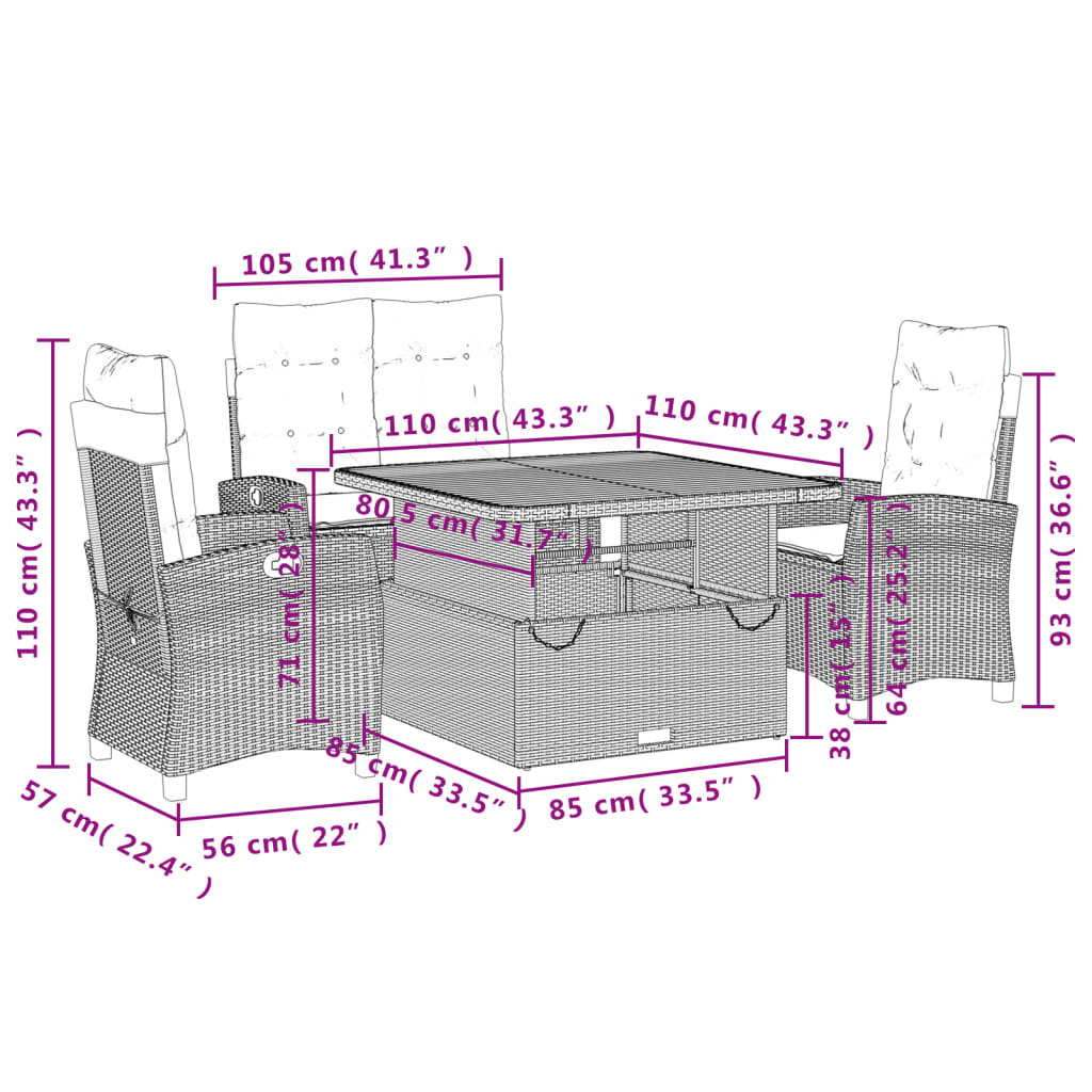 4 pcs conjunto de jantar p/ jardim c/ almofadões vime PE bege