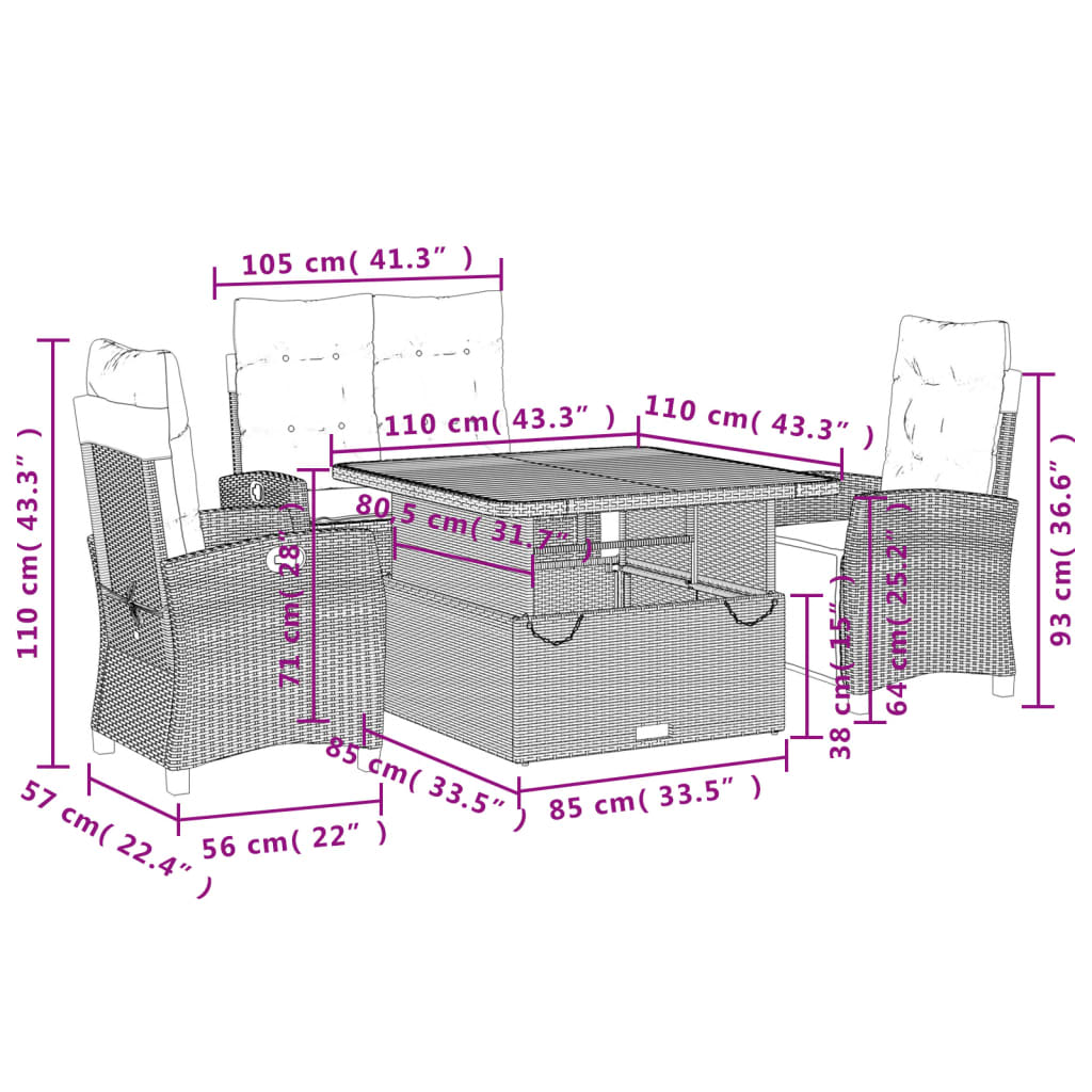 4 pcs conjunto de jantar p/ jardim c/ almofadões vime PE bege