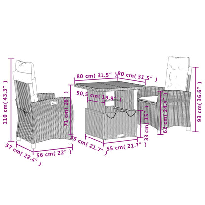 3 pcs conjunto de jantar p/ jardim com almofadões vime PE bege