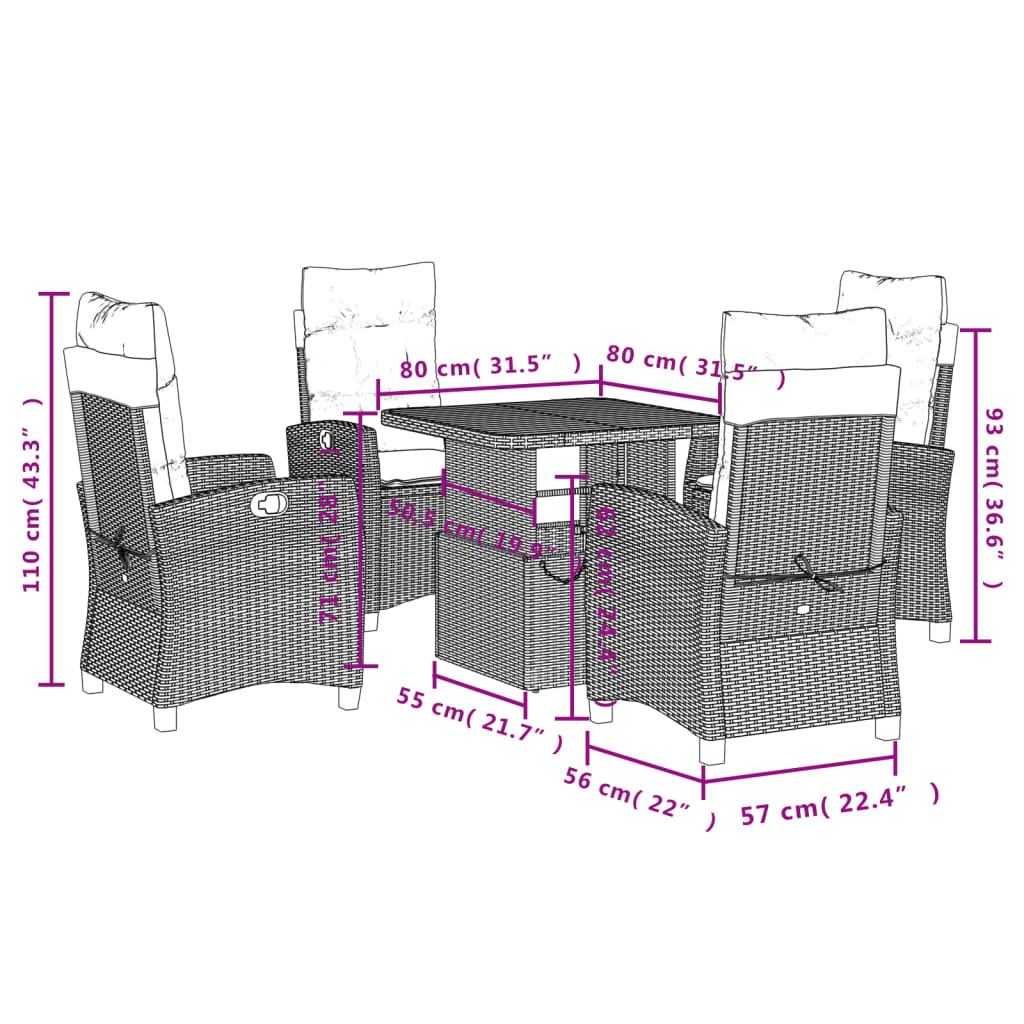 5 pcs conjunto de jantar p/ jardim com almofadões vime PE bege