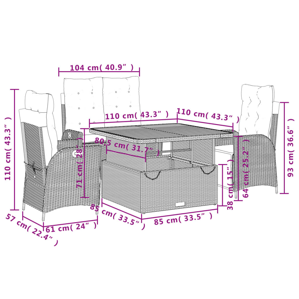 4 pcs conjunto de jardim p/ jardim c/ almofadões vime PE preto