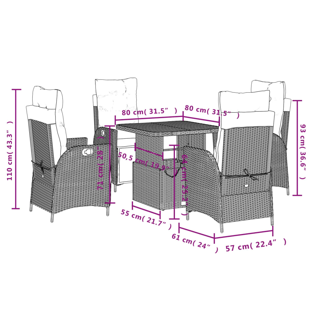 5 pcs conjunto de jantar p/ jardim c/ almofadões vime PE cinza