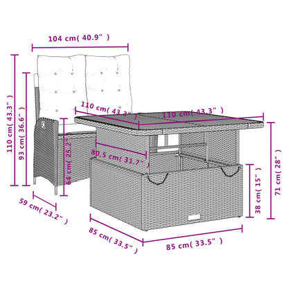 2 pcs conjunto de jantar p/ jardim c/ almofadões vime PE cinza