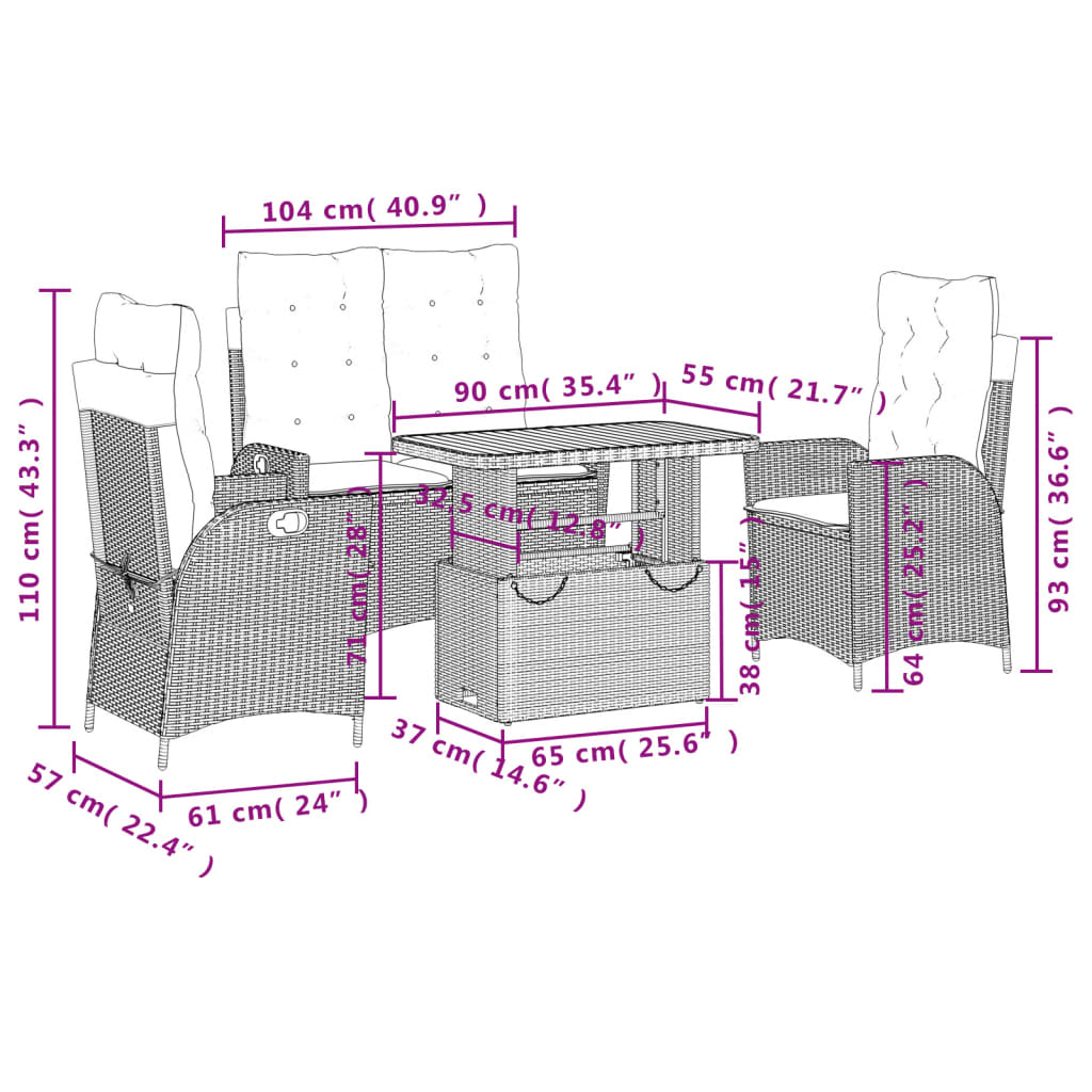 4 pcs conjunto de jantar p/ jardim c/ almofadões vime PE cinza