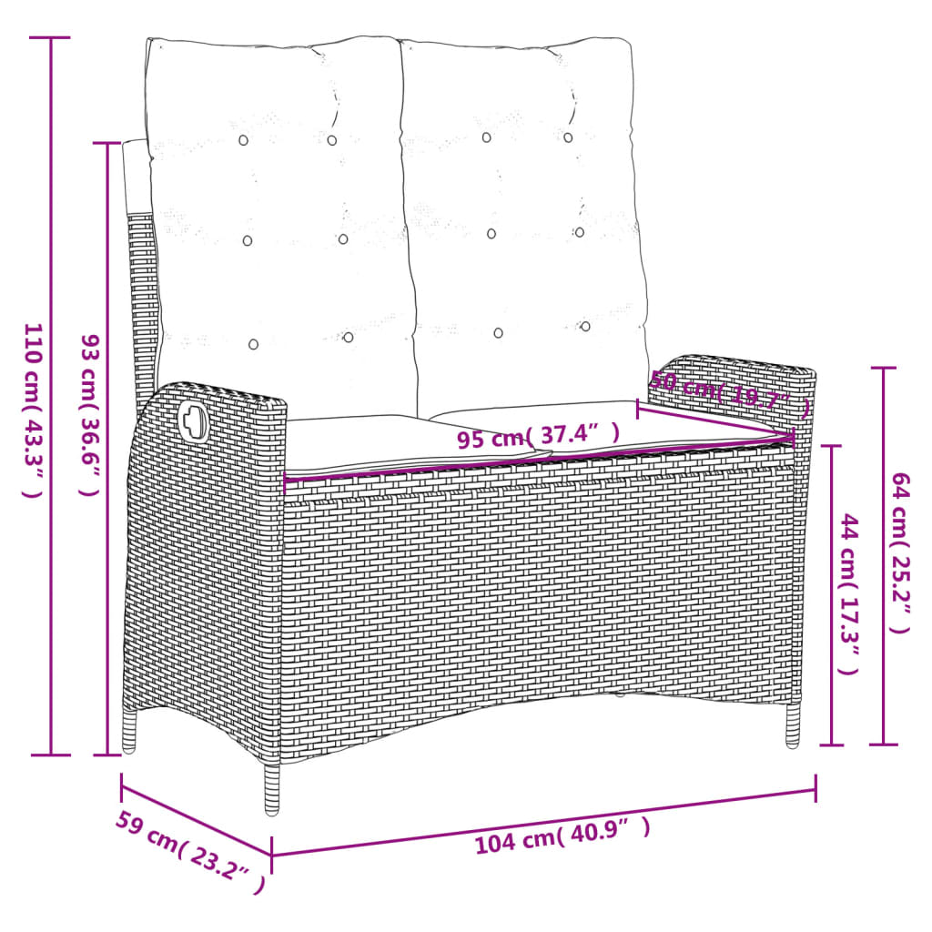 2 pcs conjunto de jantar p/ jardim com almofadões vime PE bege