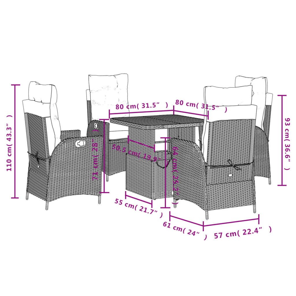 5 pcs conjunto de jantar p/ jardim com almofadões vime PE bege