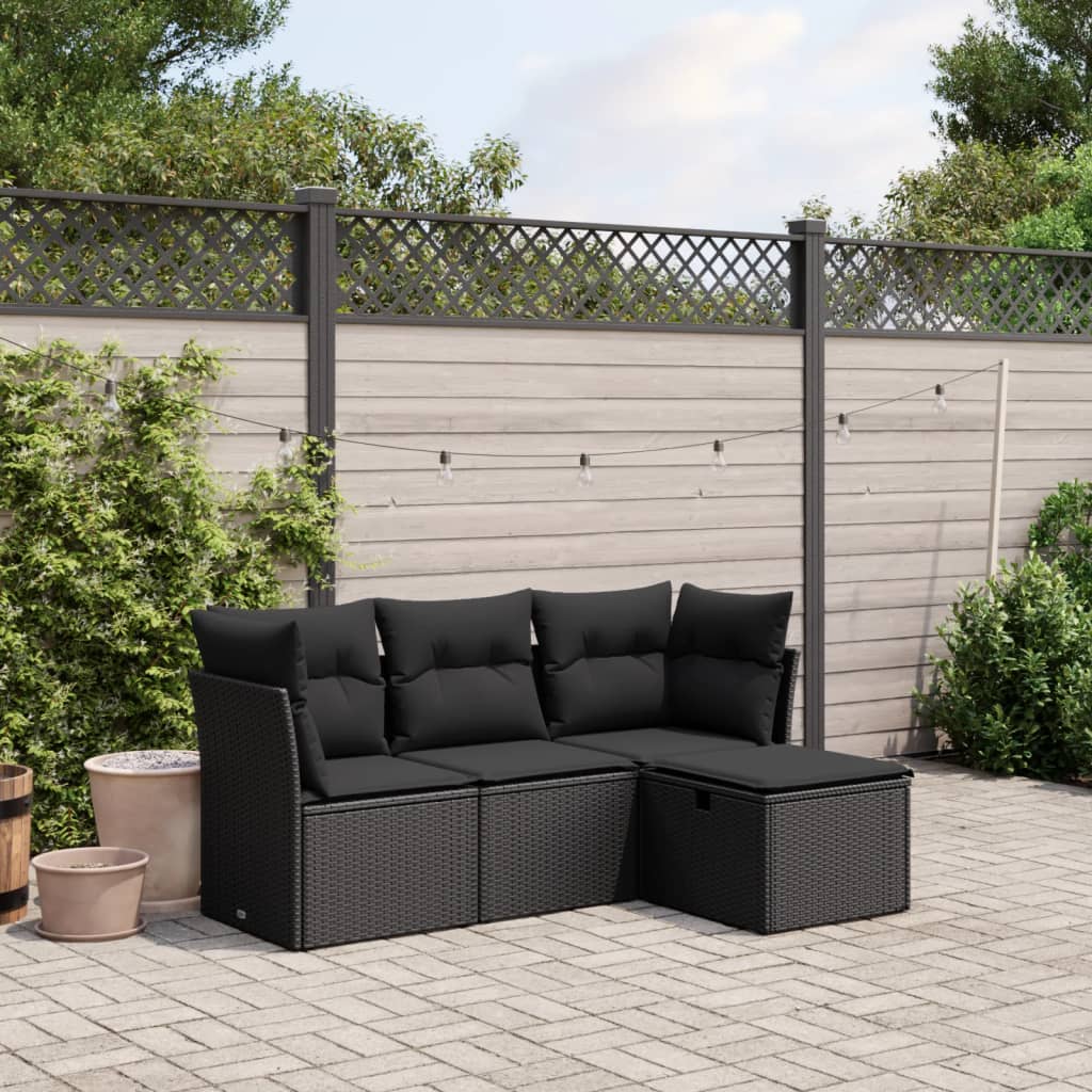 4 pcs conjunto de sofás para jardim c/ almofadões vime PE preto