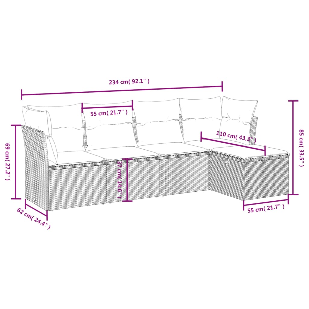 5 pcs conjunto sofás de jardim c/ almofadões vime PE cinzento