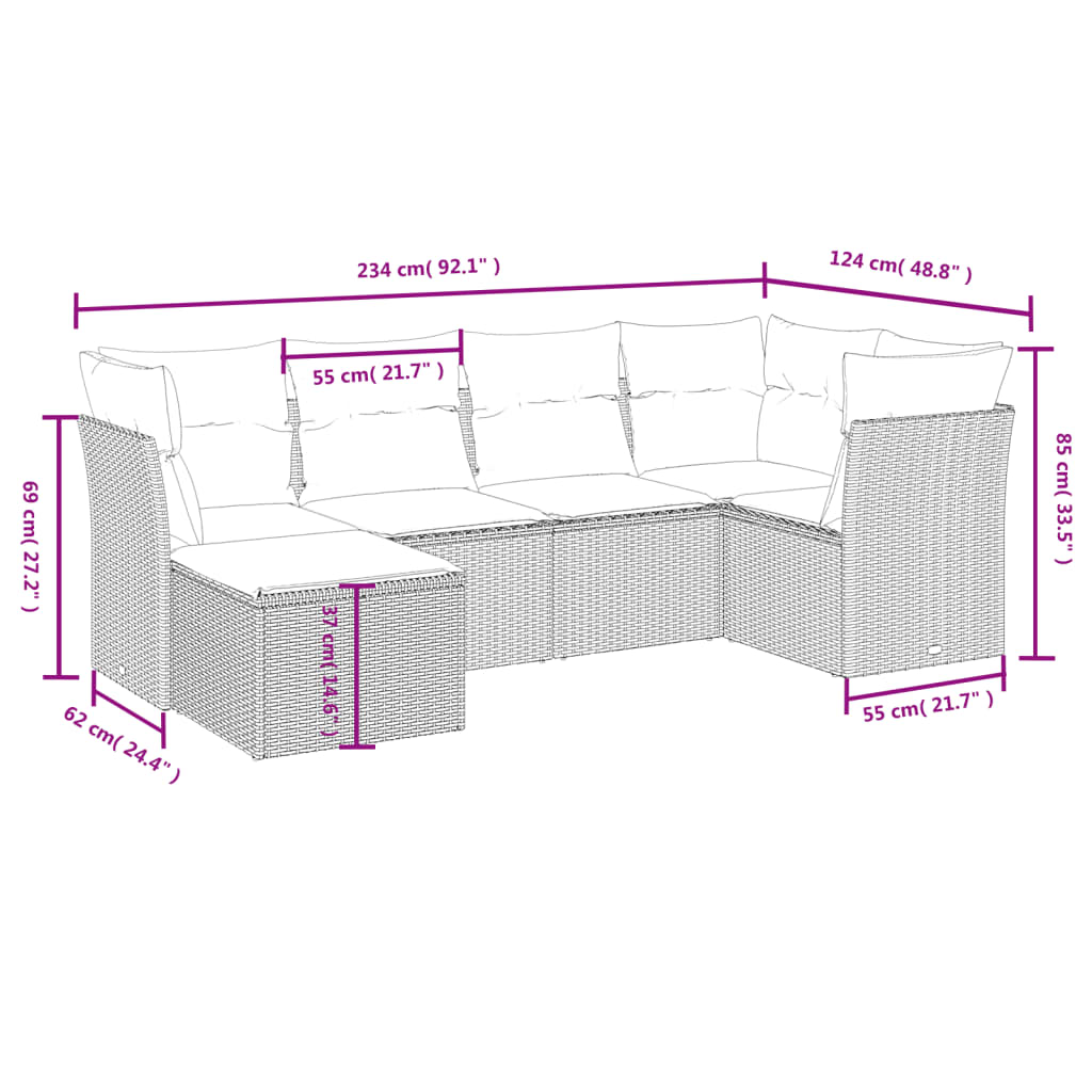 6 pcs conjunto sofás de jardim com almofadões vime cinzento