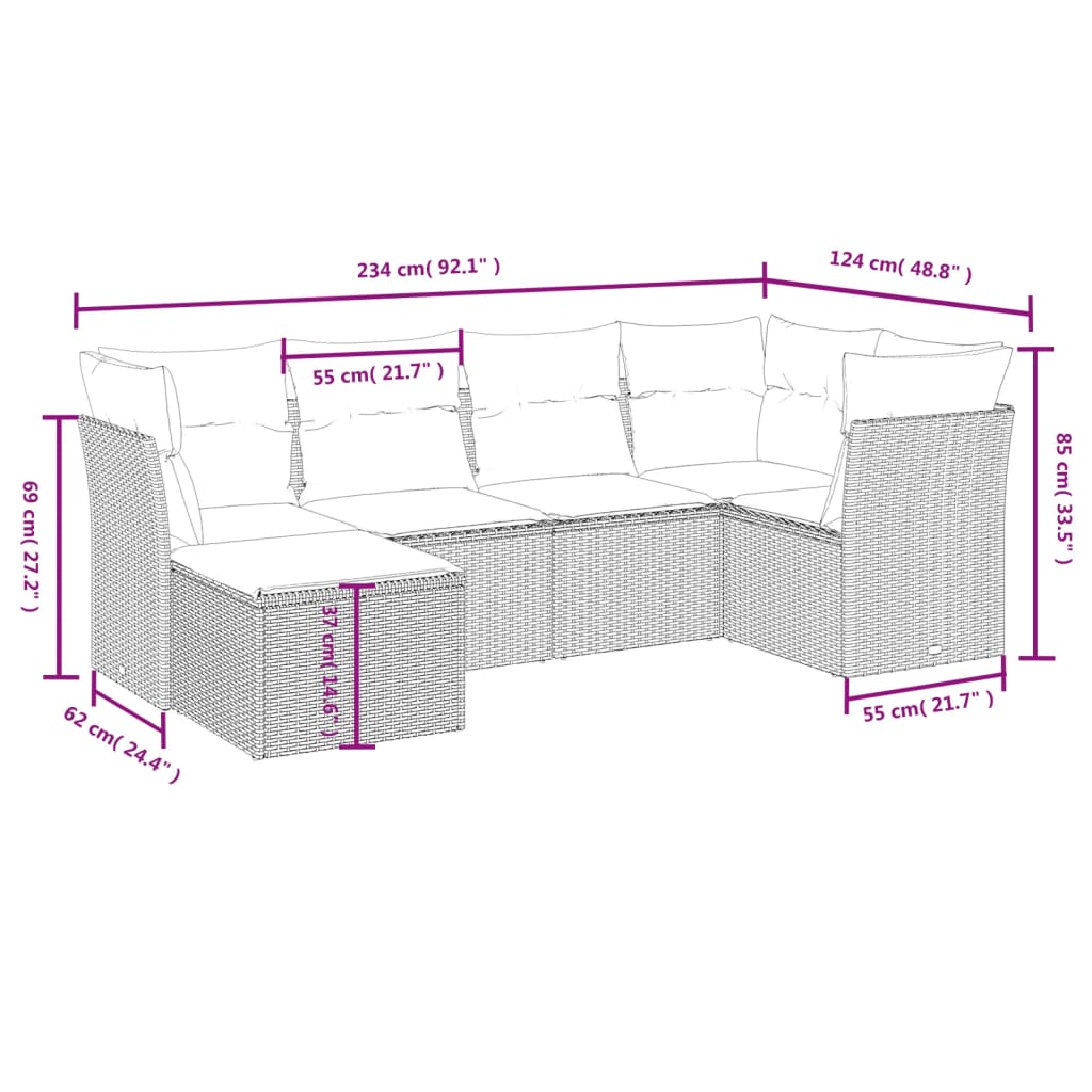 6 pcs conjunto de sofás jardim c/ almofadões vime PE castanho