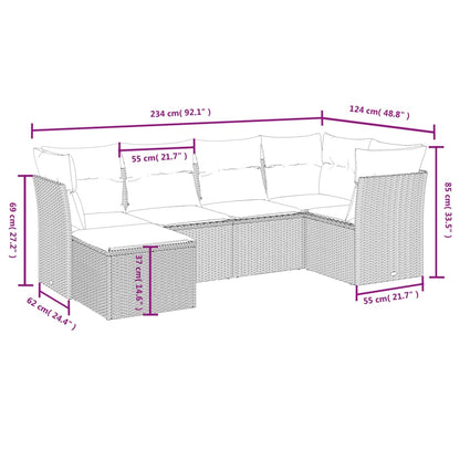 6 pcs conjunto de sofás jardim c/ almofadões vime PE castanho