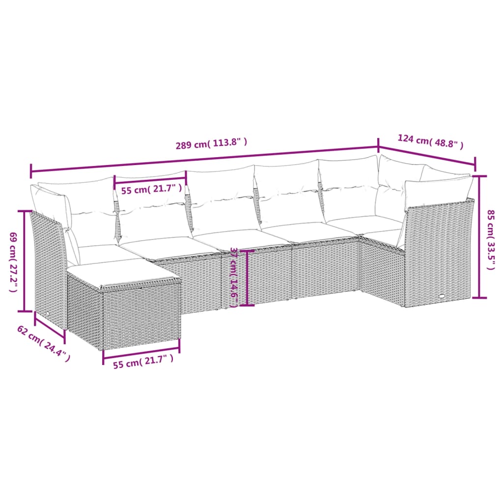 7 pcs conjunto de sofás p/ jardim c/ almofadões vime PE preto