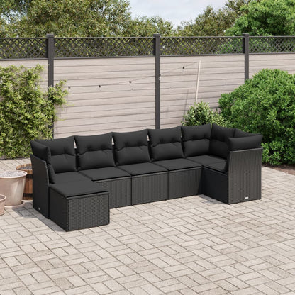 7 pcs conjunto de sofás p/ jardim c/ almofadões vime PE preto