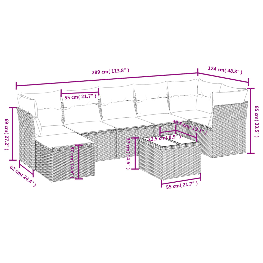 8 pcs conjunto sofás de jardim com almofadões vime PE preto