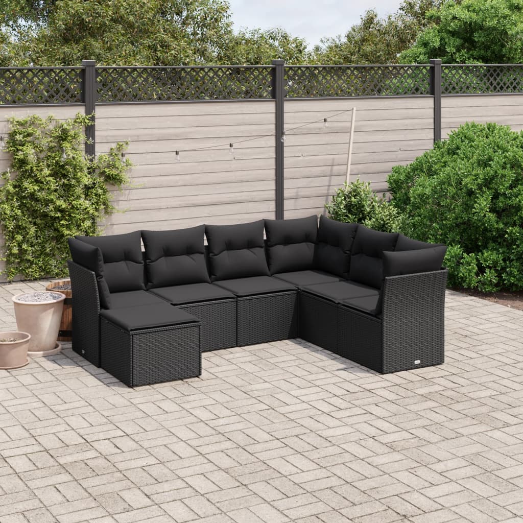 7 pcs conjunto de sofás p/ jardim c/ almofadões vime PE preto