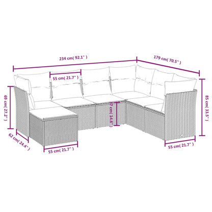 7 pcs conjunto de sofás jardim c/ almofadões vime PE castanho