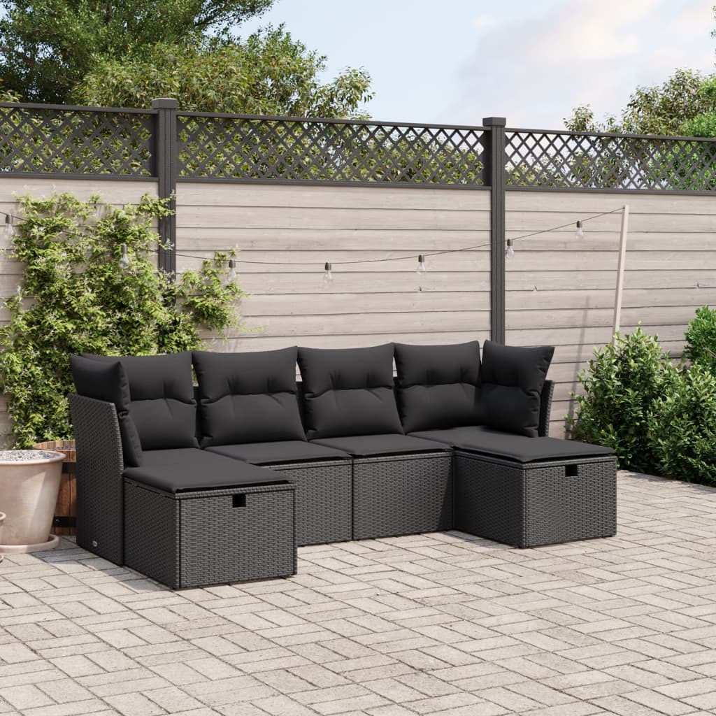 6 pcs conjunto sofás de jardim c/ almofadões vime PE preto