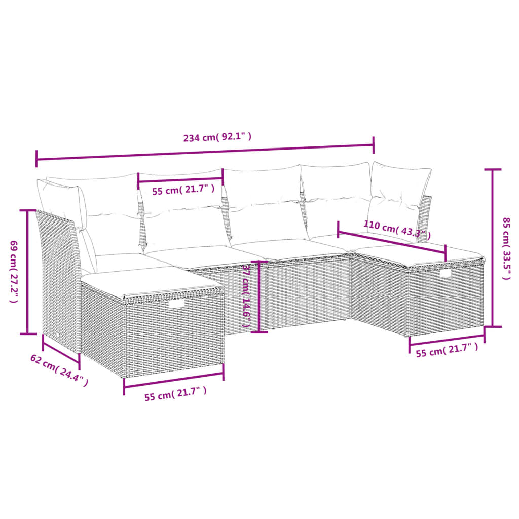 6 pcs conjunto sofás de jardim com almofadões vime cinzento