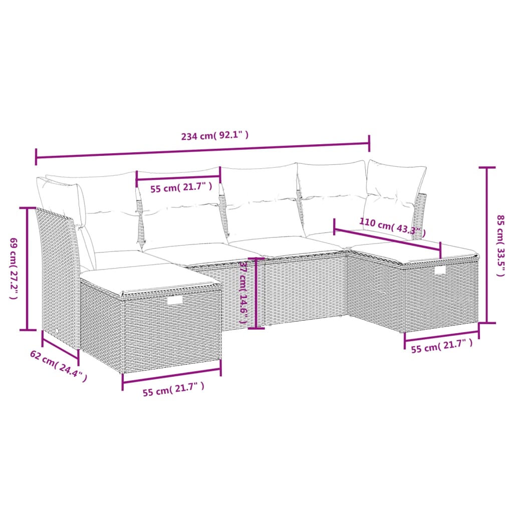 6 pcs conjunto de sofás jardim c/ almofadões vime PE castanho