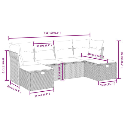 6 pcs conjunto de sofás jardim c/ almofadões vime PE castanho