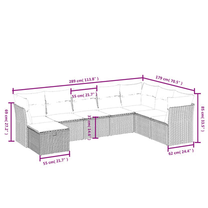 8 pcs conjunto sofás de jardim c/ almofadões vime PE cinzento