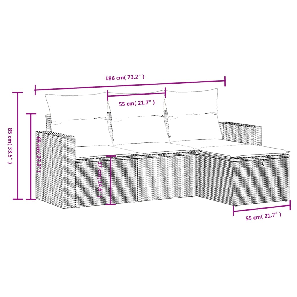 4 pcs conjunto de sofás para jardim c/ almofadões vime PE preto