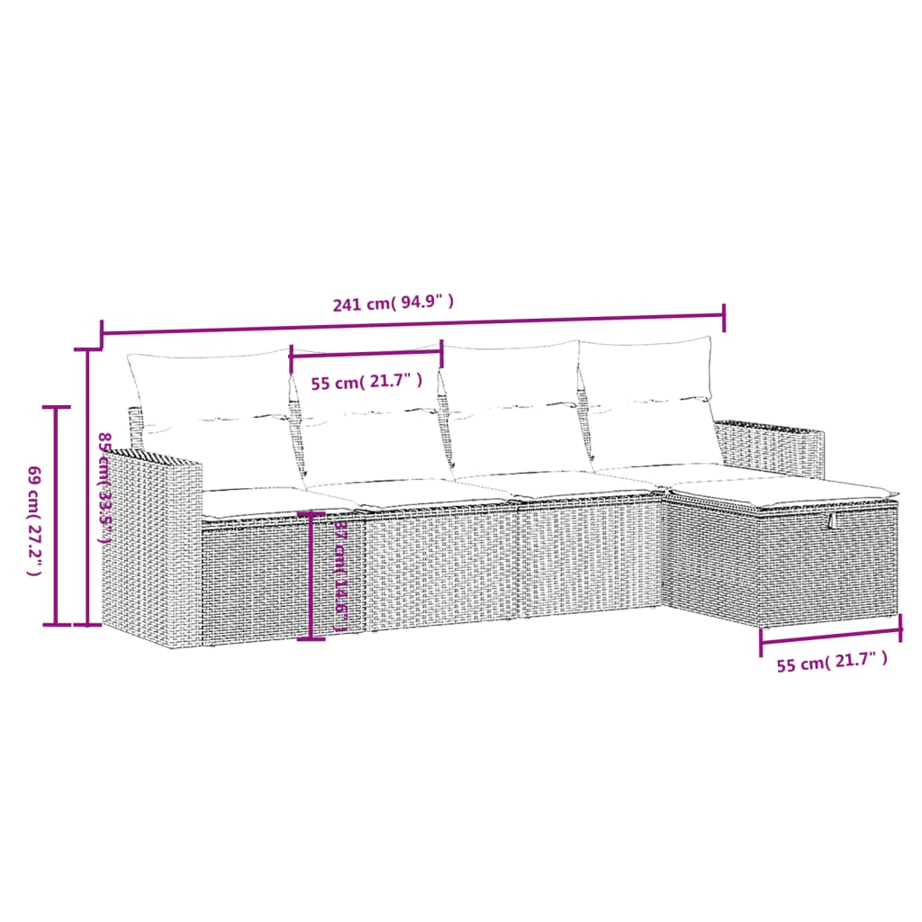 5 pcs conj. sofás jardim c/ almofadões vime PE bege misturado