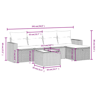 6 pcs conj. sofás jardim com almofadões vime PE cinzento-claro