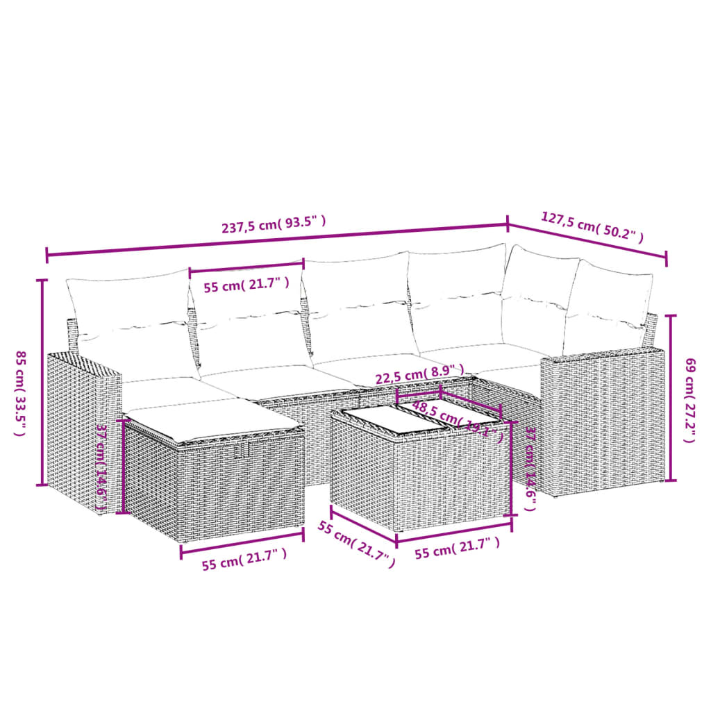 7 pcs conjunto de sofás p/ jardim c/ almofadões vime PE preto